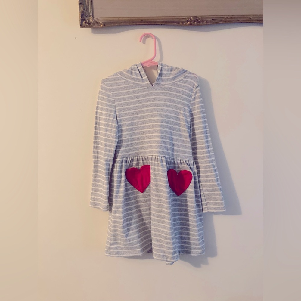 Carter's Gray and White Striped Long Sleeve Dress with Hood and Heart Pockets 5T